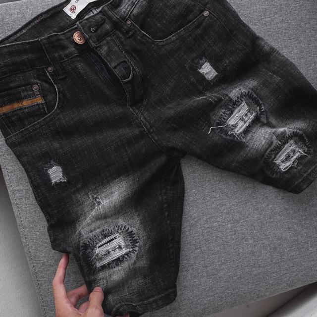 Quần short jean nam màu đen wash thời trang