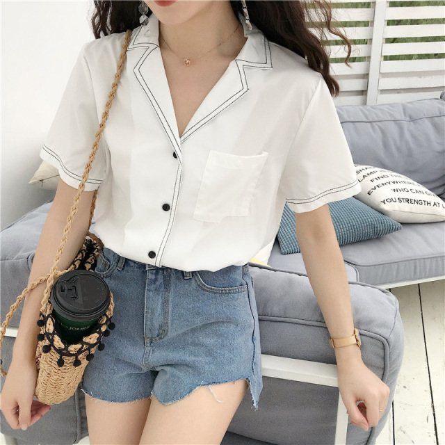 Áo Sơ Mi Nữ Form Rộng Cổ Vest YURITA Tay Ngắn Kiểu Công Sở, Phong Cách Hàn Quốc Viền Cổ Freesize