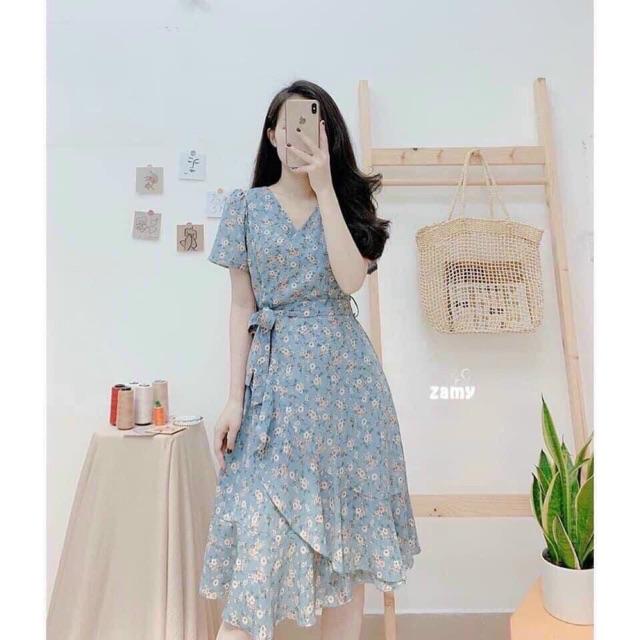 Đầm xoè cổ tim hoạ tiết bông xếp tầng xinh hết nấc
