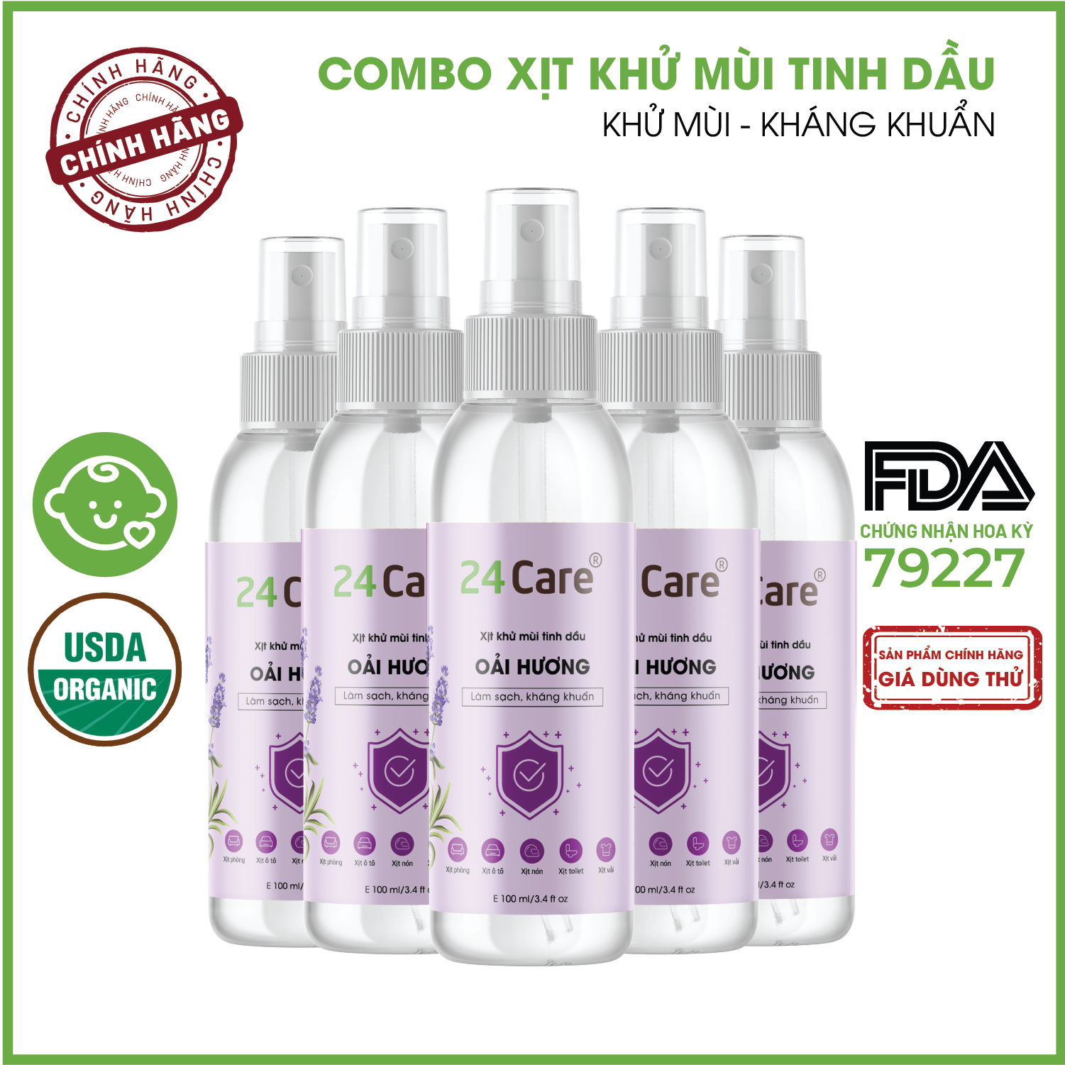 Combo 5 Tinh dầu Xịt phòng Oải Hương Hữu Cơ Organic 24Care 100ML/Chai