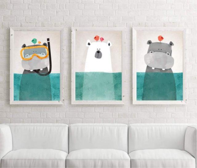 Bộ 3 tranh canvas hoạt hình động vật đáng yêu cho phòng baby