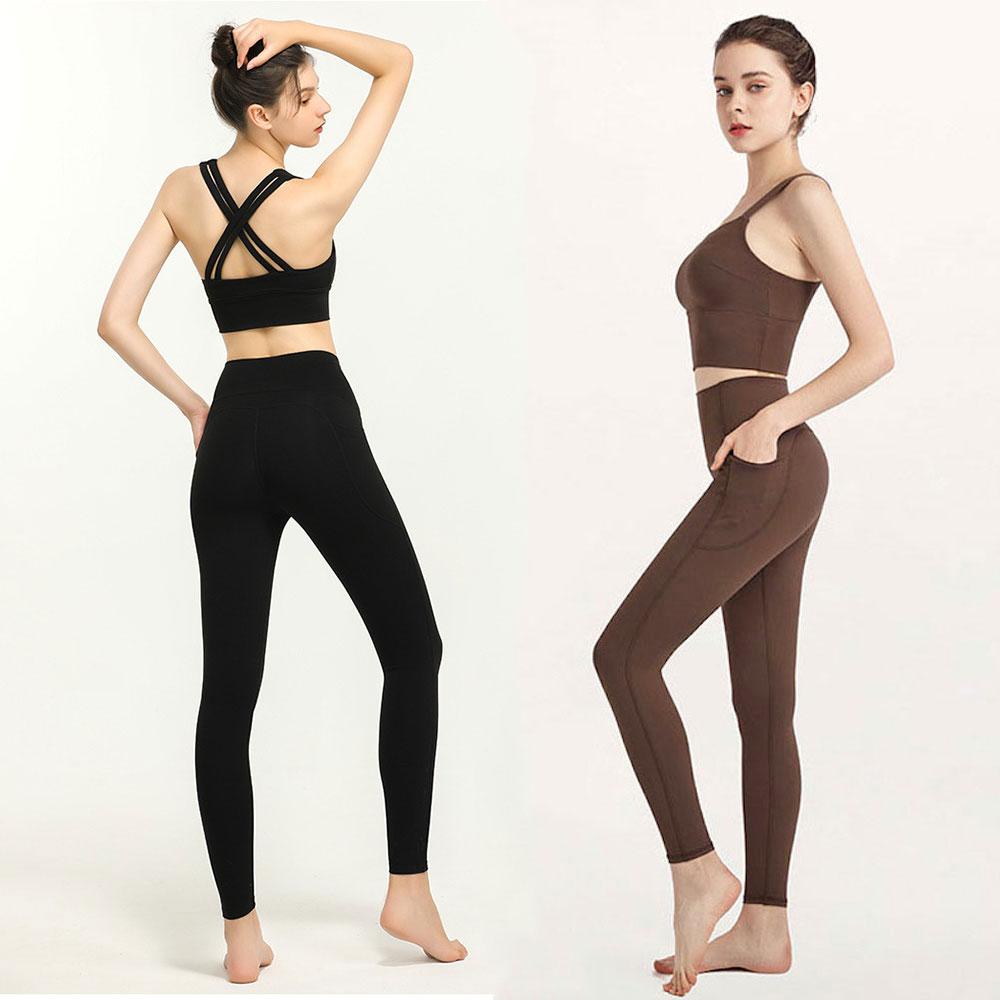 Nâu Quần Legging Tập Yoga Liền Mạch Cao Cấp Tập Thể Dục Thể Thao Quần Lót Nữ Có Túi Mới Tập Thể Hình Nữ Lycra Đẩy-lên Thun
