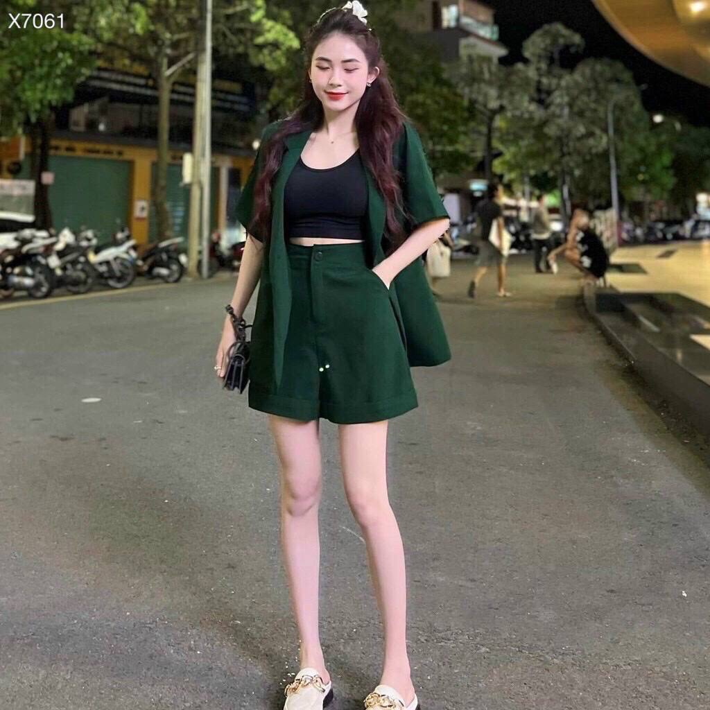 SET ÁO KHOÁC BLAZER TAY NGẮN MÀU TRƠN + QUẦN SHORT NGẮN ỐNG RỘNG LƯNG CAO DẠO PHỐ DỰ TIỆC GIÁNG SINH NOEL