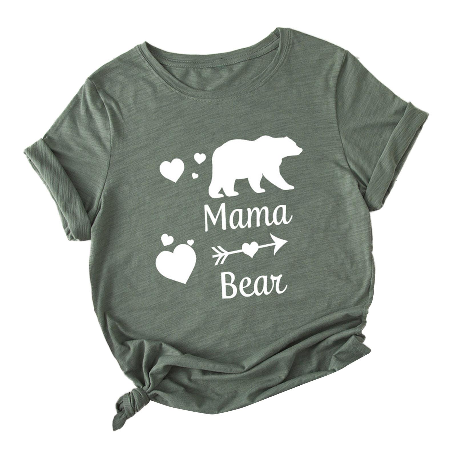 Women Cotton T-Shirt Heart Polar Bear Letter Print O-neck Roll Up Sleeve Shirt Loose Casual Tops for Birthday Mother’s