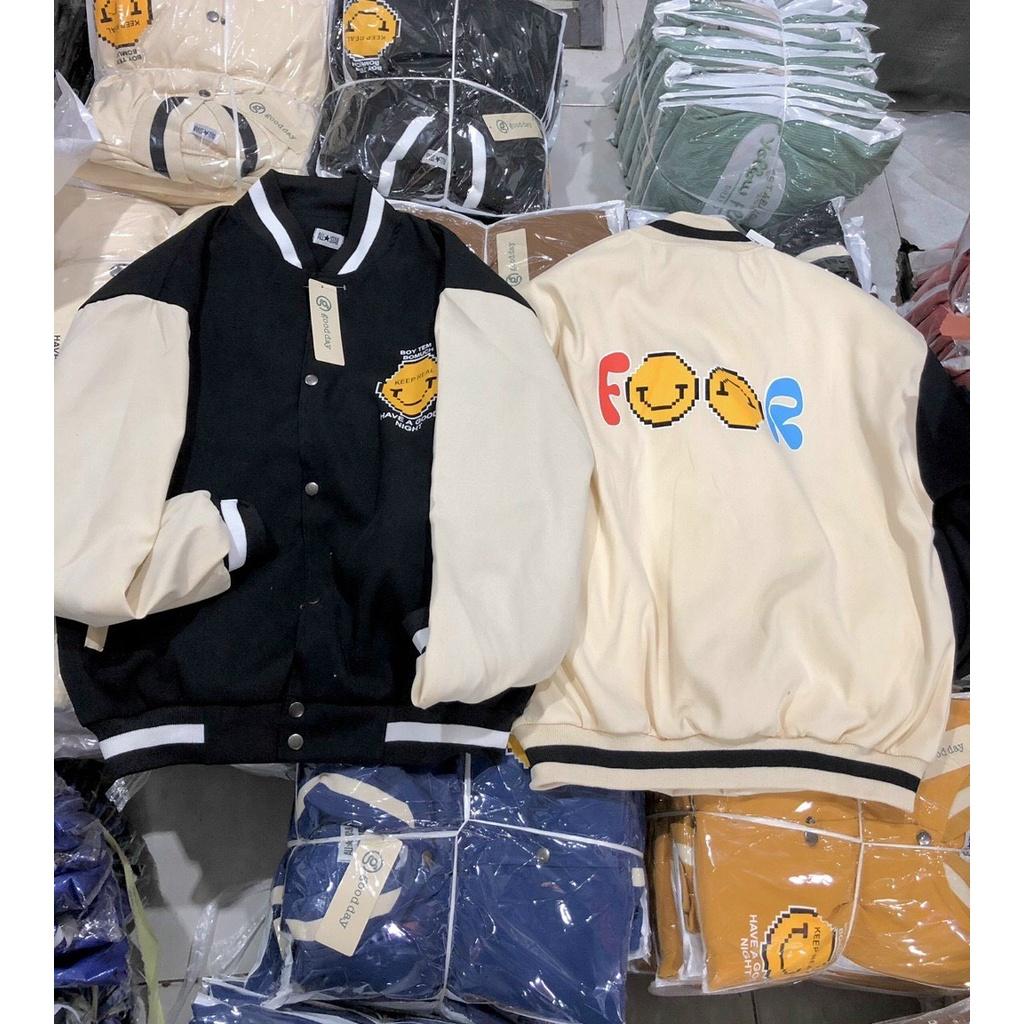 Áo khoác Bomber nhung Da Lộn 2 Lớp Hình Mặt Cười unisex Hottrend