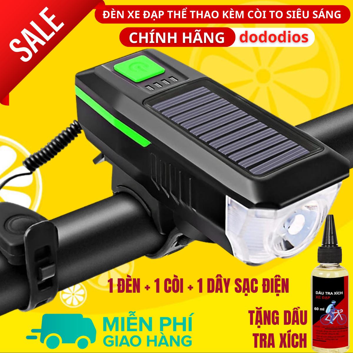 [TẶNG Dầu Tra Xích] Đèn xe đạp thể thao dododios siêu sáng có còi pin sạc usb led T6 chống nước - Hàng chính hãng