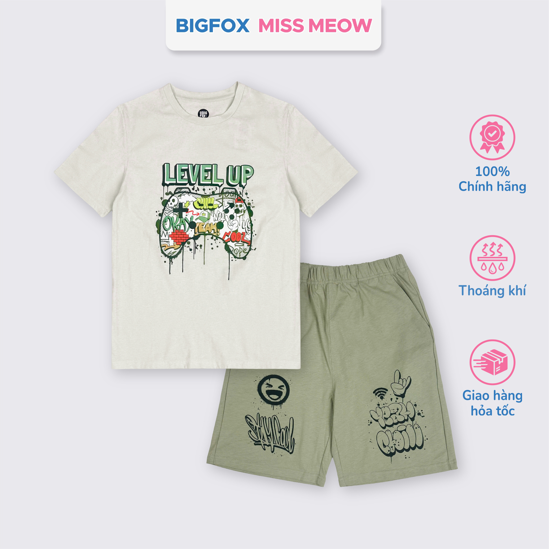 Bộ cotton bé trai size đại Bigfox Miss Meow mùa hè cộc tay in đẹp 12,13,14,15 tuổi 40kg 50kg