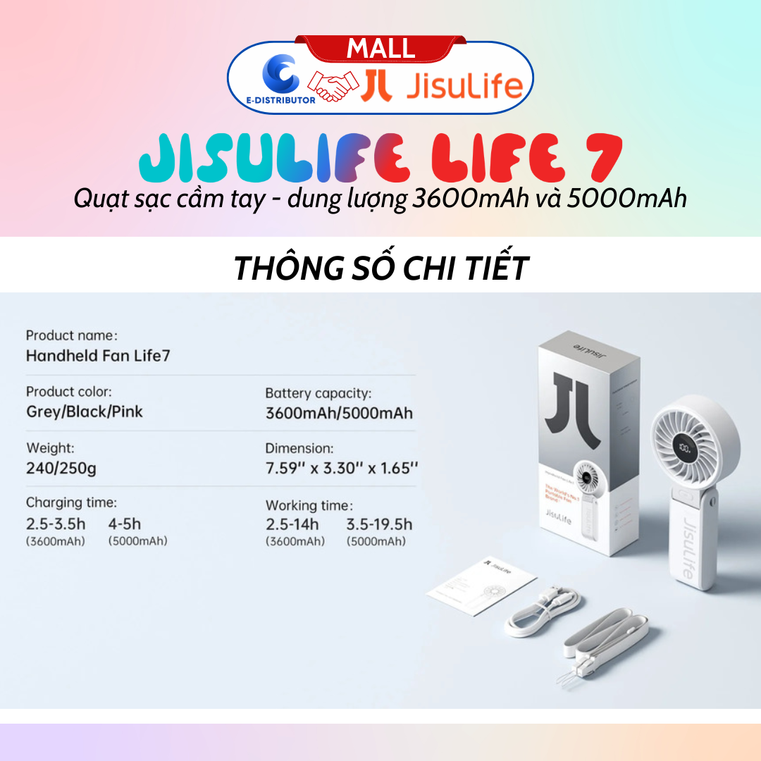 Quạt sạc cầm tay gấp gọn JisuLife Life 7 - dung lượng 3600-5000mAh - Hàng chính hãng