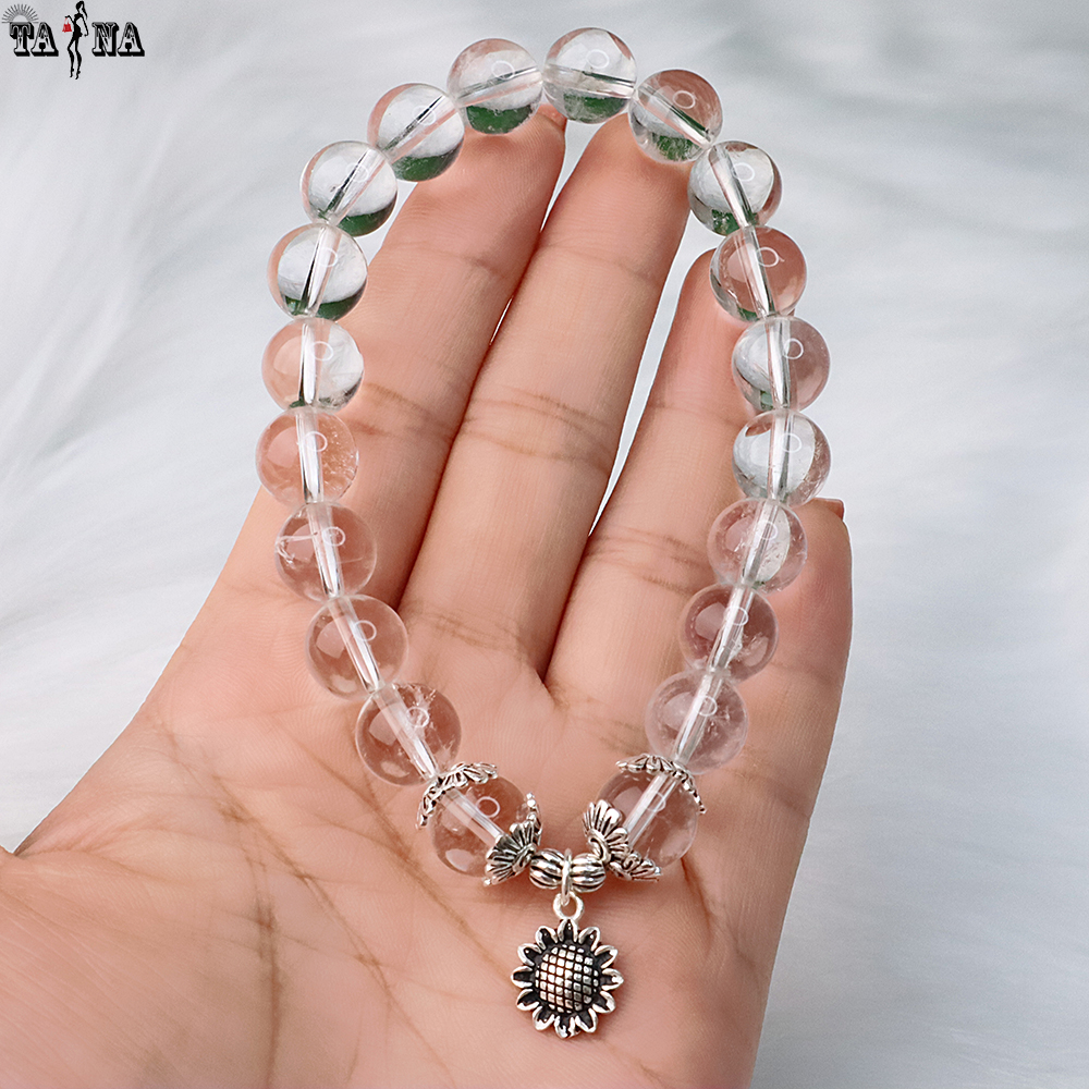 Vòng tay thạch anh trắng mix charm bạc 925 cao cấp