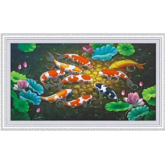 Tranh đính đá Cửu ngư quần hôi 120x65cm - chưa đính