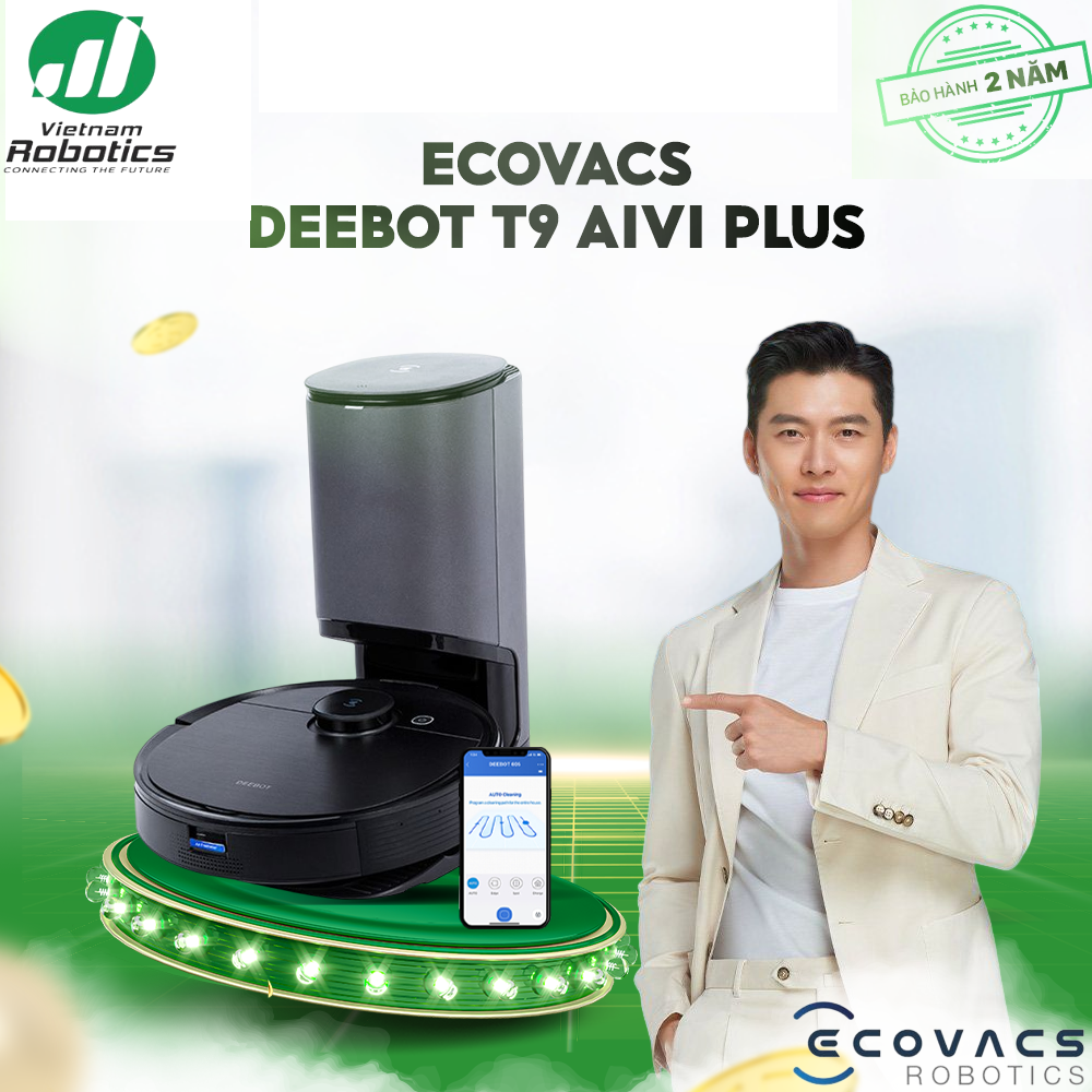 Robot hút bụi lau nhà Ecovacs Deebot T9 AIVI Plus - hàng nhập khẩu chính hãng full VAT, bảo hành chính hãng 24 tháng bởi Vietnam Robotics, lực hút 3000Pa, thời gian hoạt động 3 giờ liên tục