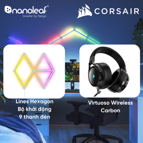[Nanoleaf x Corsair] Combo Đèn LED RGB Lines Hexagon Bộ khởi động  và Tai nghe Virtuoso Wireless Carbon
