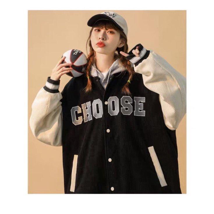 Hình ảnh Áo khoác nữ  bomber free size, áo bomber cho nữ nhung tăm CHOOSE bóng chày cute 2 màu đen và kem