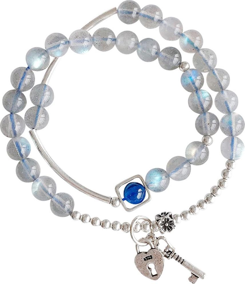 Vòng 2 line đá xà cừ ánh xanh phối charm khóa mệnh thủy, kim - Ngọc Quý Gemstones