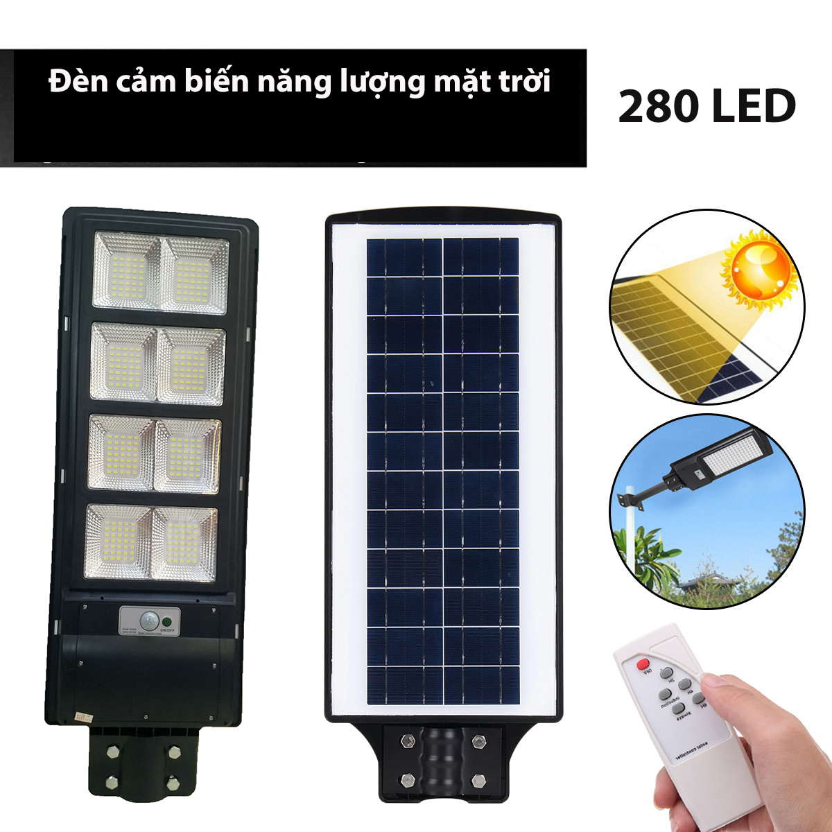 Đèn đường cảm biến năng lượng mặt trời liền thể All In One - công suất  90 - 120W ánh sáng trắng - 280 bóng led