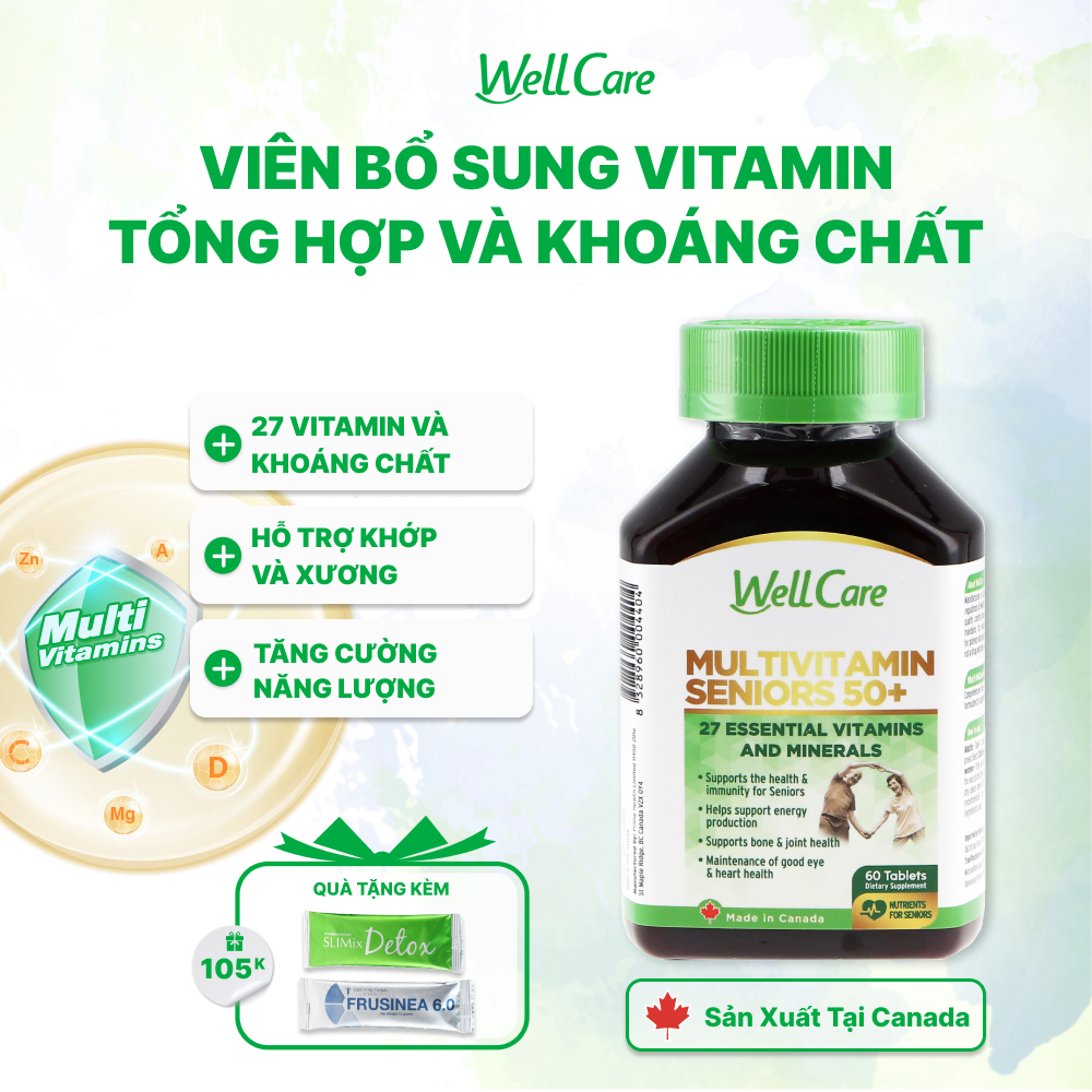 Viên uống bổ sung Vitamin WellCare Senior 50+ với 27 loại Vitamin khác nhau và khoáng chất, dành cho người cao tuổi, tăng cường sức khỏe và miễn dịch