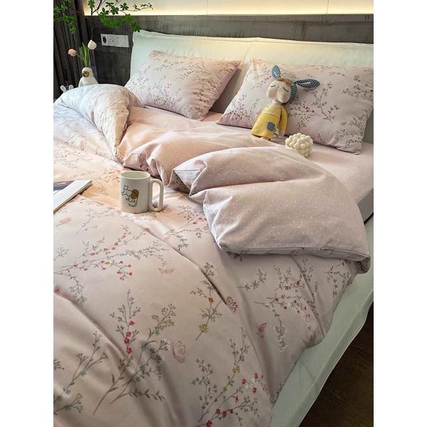 Set Cotton Living 100%cotton Hàng Nhập Khẩu Cao Cấp 4 Món Hoa Nhí Hồng Vintage