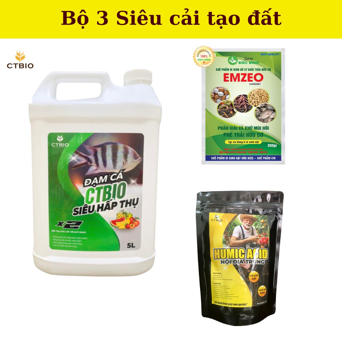 Siêu cải tạo đất với bộ 3 - Emzeo Đa chủng vi sinh vật (2 gói) + Đạm cá hữu cơ CTBIO ( 5 lít) +Axit Humic(1kg) - giúp cải tạo cho diện tích 100m2