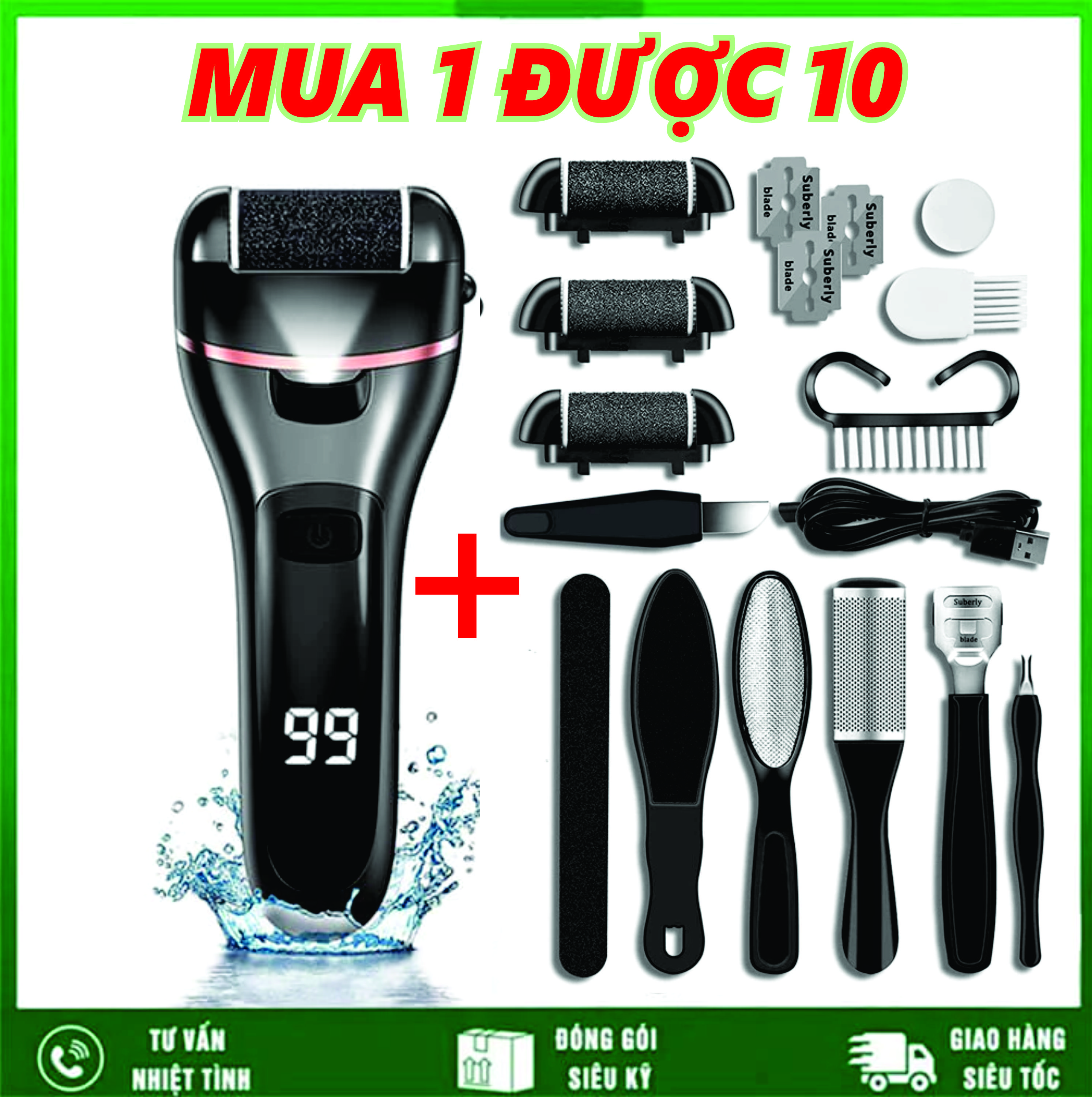 Chà Gót Chân, Máy Mài Gót Chân Tẩy Tế Bào Chết Sạc Điện 2 Tốc Độ + Tặng Bộ Dụng Cụ Chà Gót Chân 10 Món Cao Cấp Chính Hãng