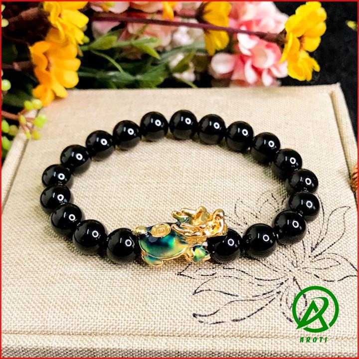 Vòng Phong Thủy Mệnh Thủy_ Mộc - Vòng Tay Nam Nữ Mã Não Đen Mix Long Quy Vàng Đổi Màu Độc Lạ 8mm V374-8