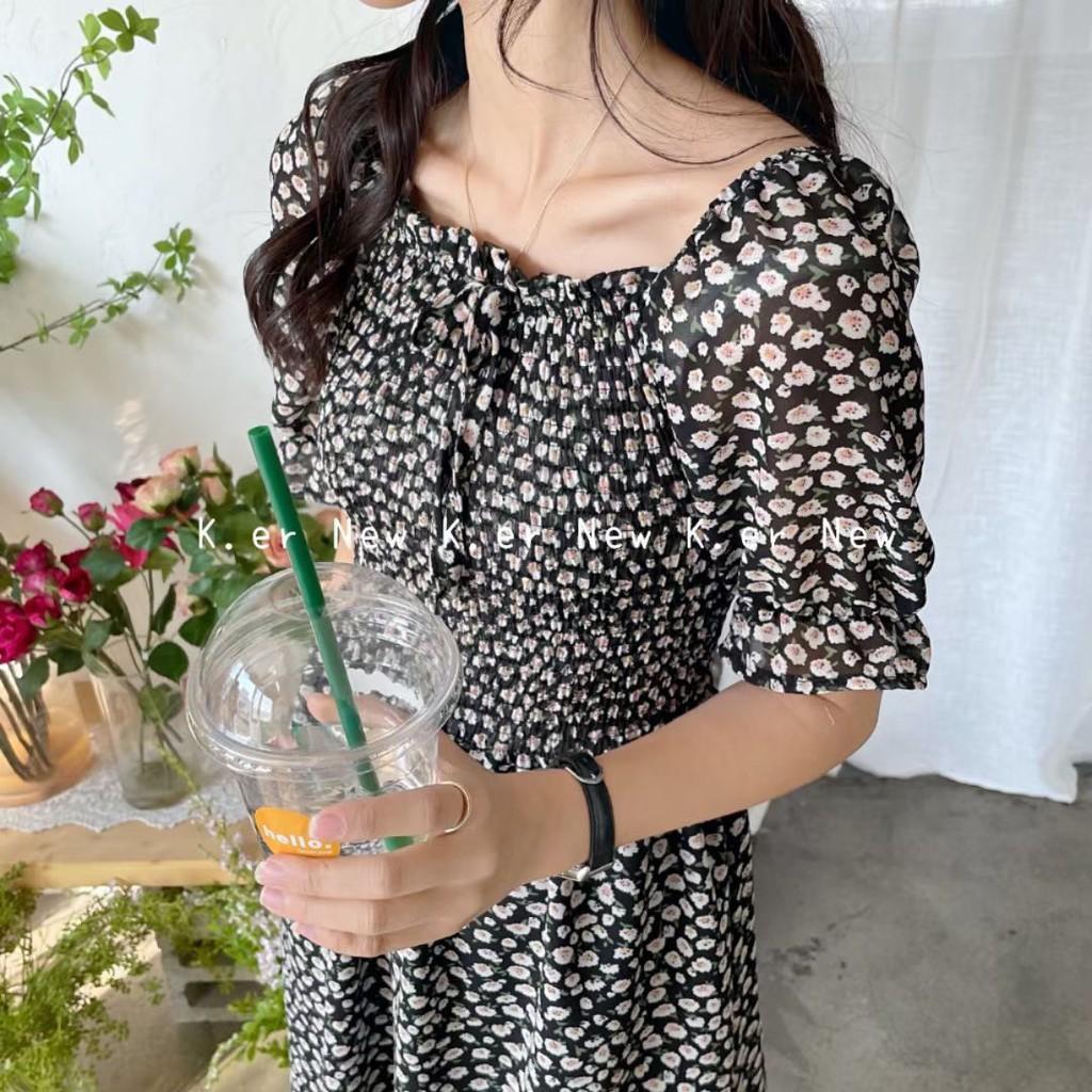 Váy hoa nhí nhún thân voan chifon VKE1015-2 Ulzzang style Hàng Quảng Châu