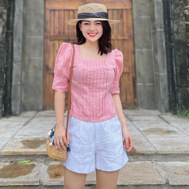 Áo kiểu nữ xếp ly ngực cổ vuông tay bồng dễ thương ArcticHunter, chất vải Linen Hàn mềm mát xịn xò