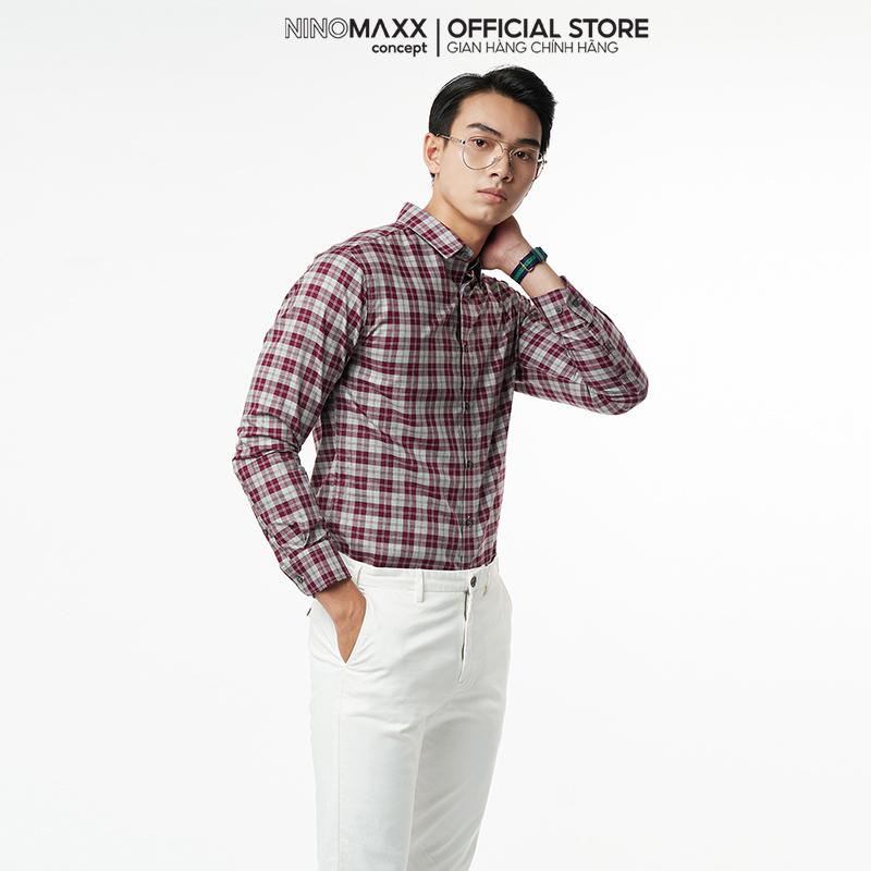 N&amp;M Áo sơ mi caro Nam tay dài chất cotton chống nhăn chống ố form slim fit dáng trẻ trung 2110023