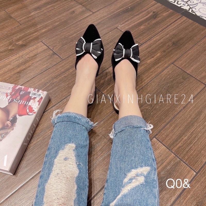 Sục nỉ bít mũi đen đính nơ to viền trắng siêu sang SNT