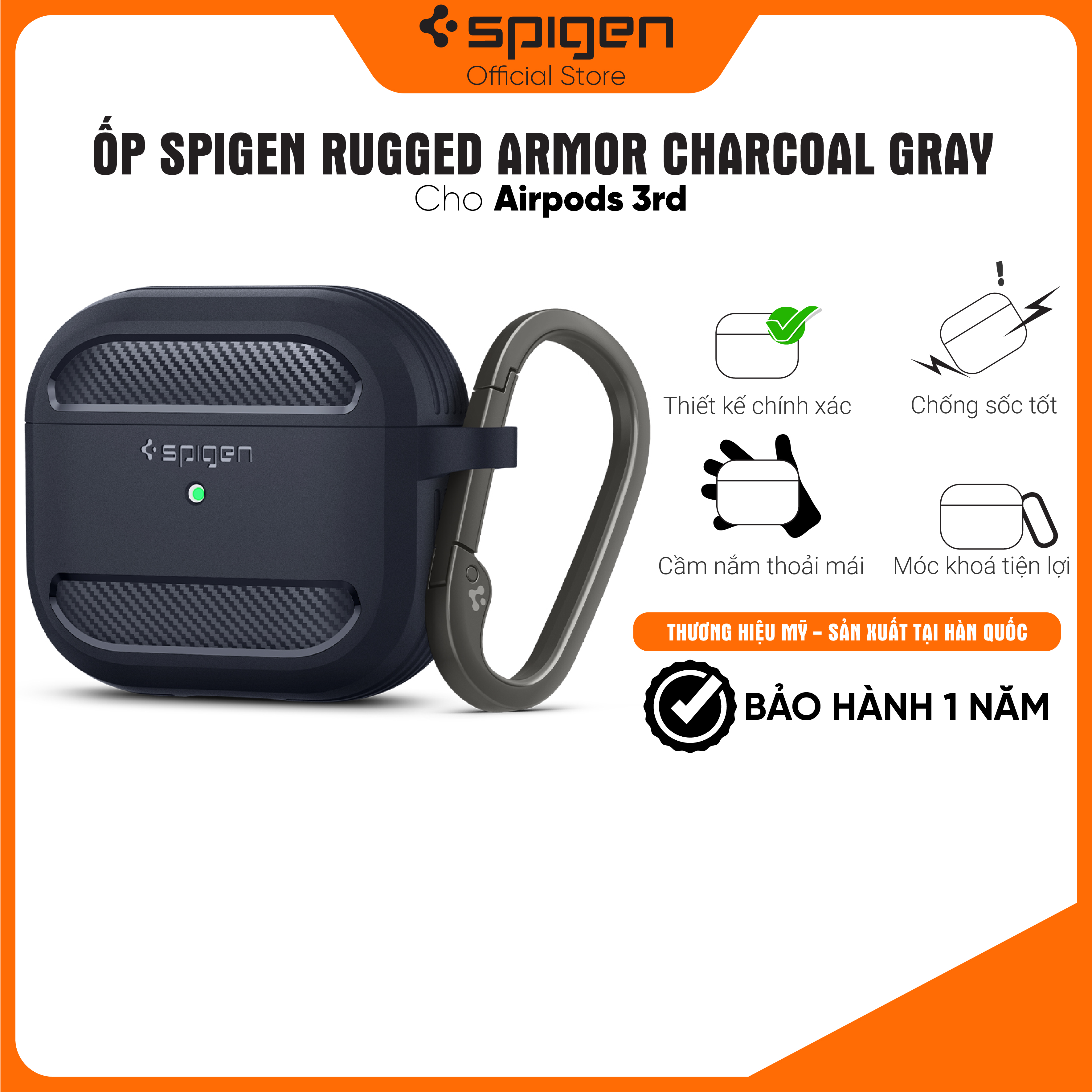 Ốp Spigen Rugged Armor cho Airpod 3 - Thiết kế chính xác, chống sốc, móc khoá tiện lợi - Hàng chính hãng