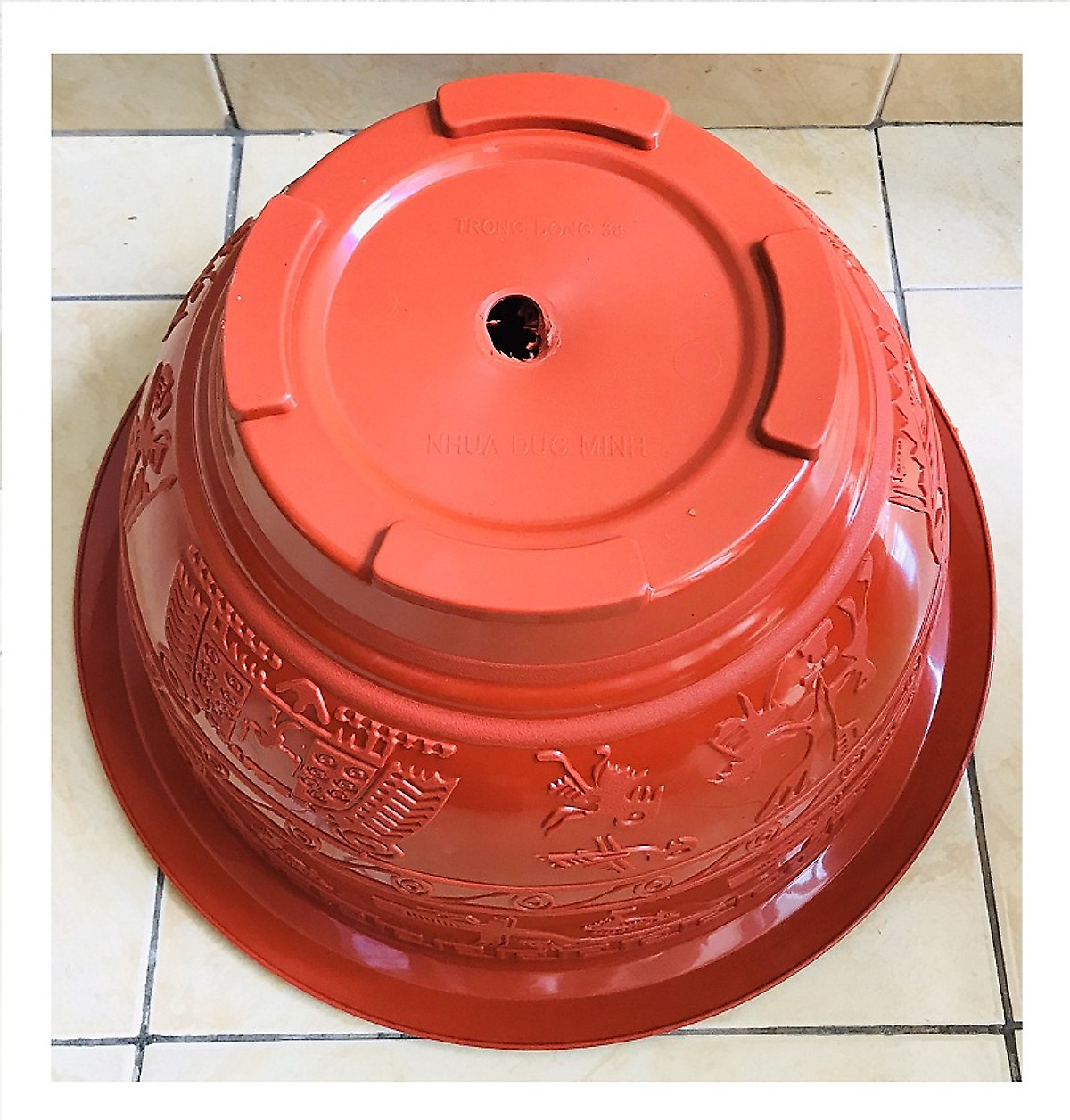 Combo 5 Chậu Nhựa Trồng Cây Màu Đỏ Hoa Văn Trống Đồng T38 KT 37x19