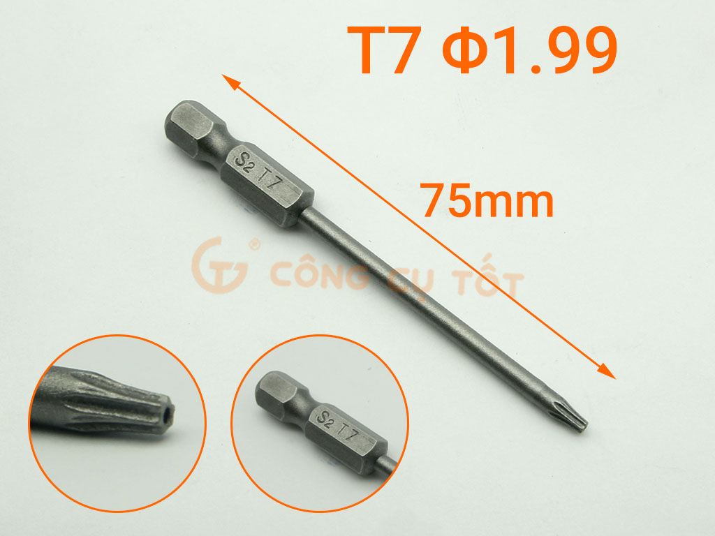 Đầu bắt vít hình sao T7 Φ1.99 dài 75mm chuôi lục thép S2