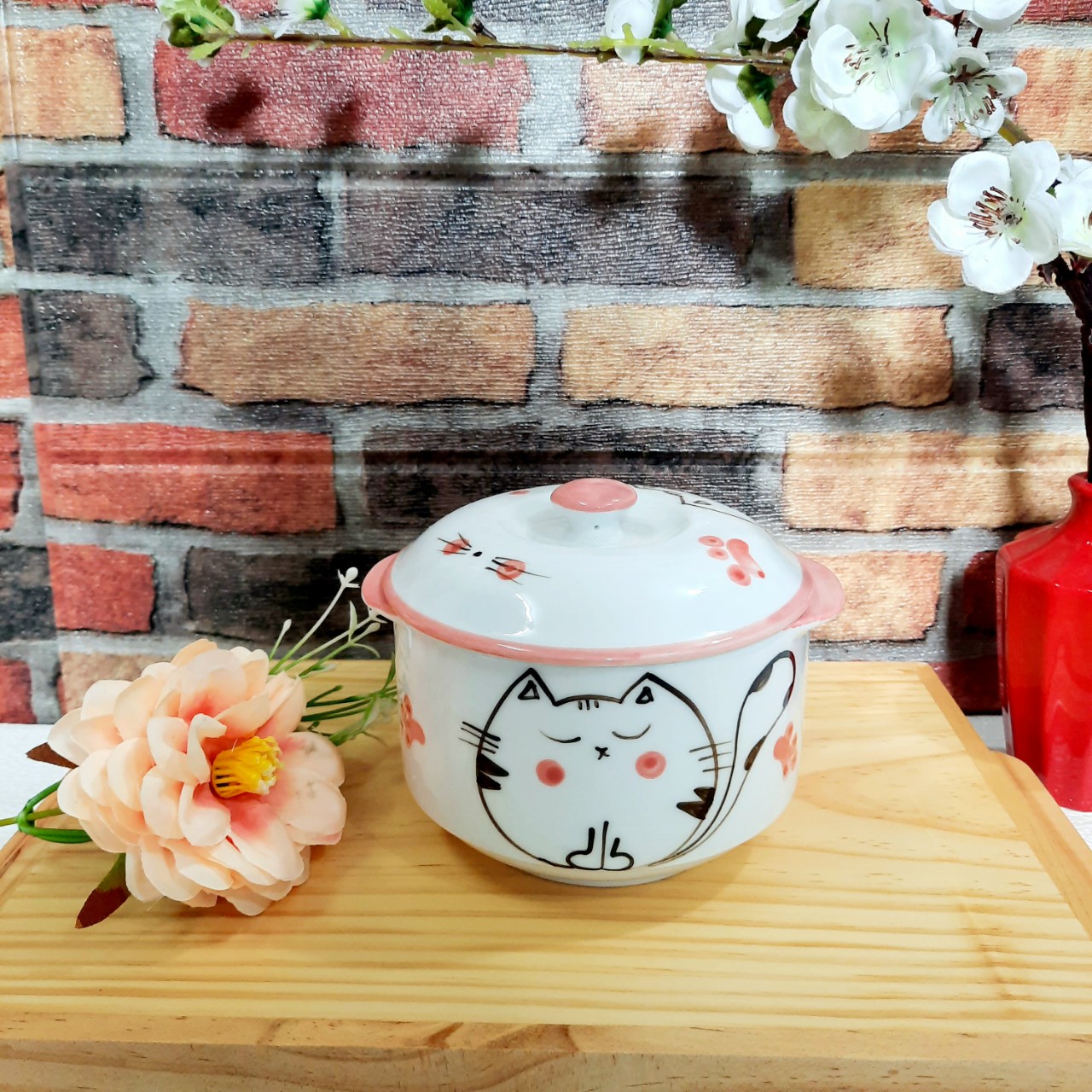 Thố Chưng Yến Gốm Sứ Bát Tràng Hàng Vẽ Tay Xuất Dư Cao Cấp - Mèo 600Ml