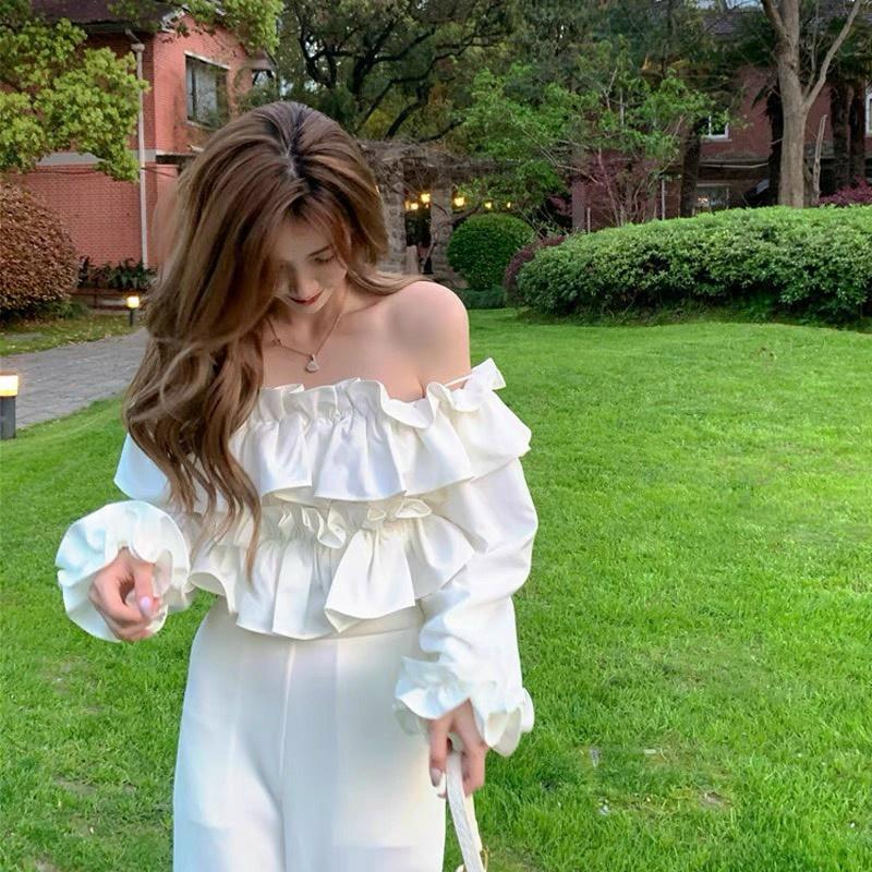 Áo Trễ Vai Croptop Bèo Nhún Tay Dài - Bánh bèo tiểu thư, Áo trắng trần trễ vai