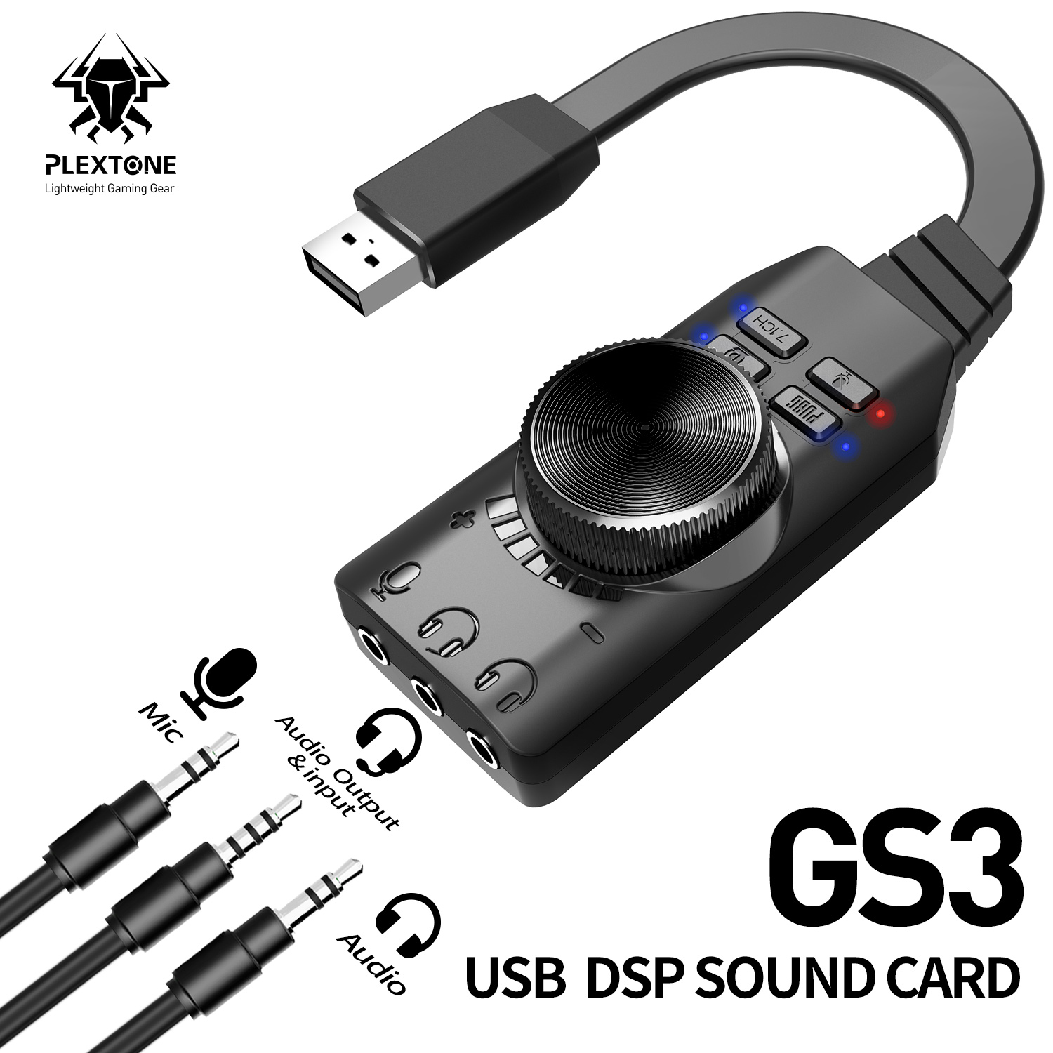 Sound card âm thanh USB 7.1 CH cho máy tính PC chuyên game 4 in 1 Plextone GS3 - Hàng Chính hãng