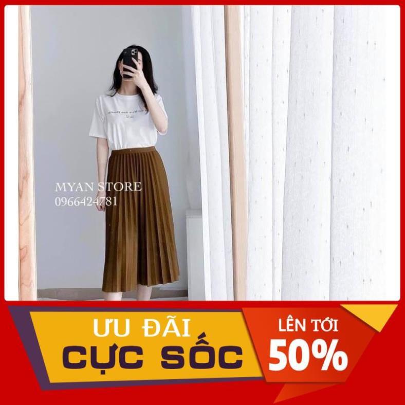 SET ÁO THUN CHỮ TRẮNG MIX CHÂN VÁY XẾP LY NÂU