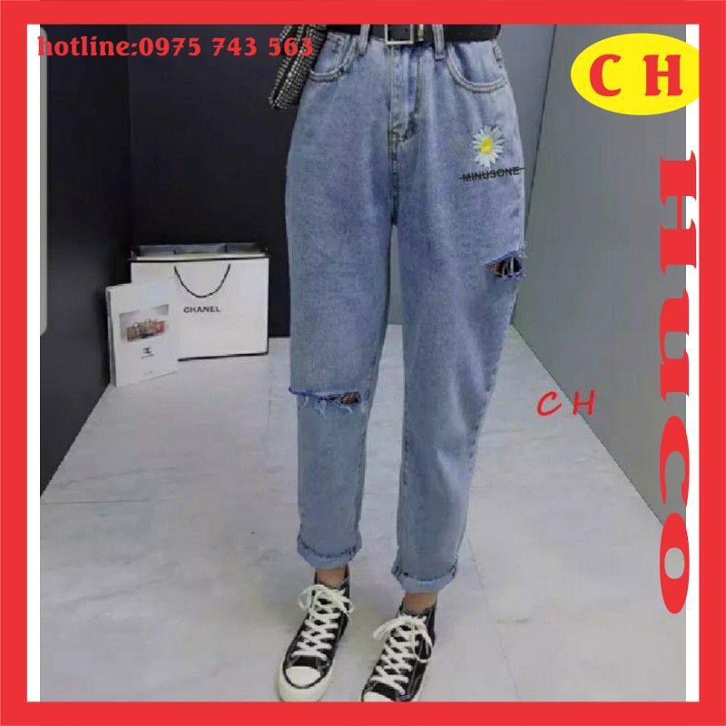 quần bò nữ, quần jeans hoa cúc và hoa cúc in chữ hàng bò dày dặn form bagy kèm video ảnh thật giá rẻ nhất