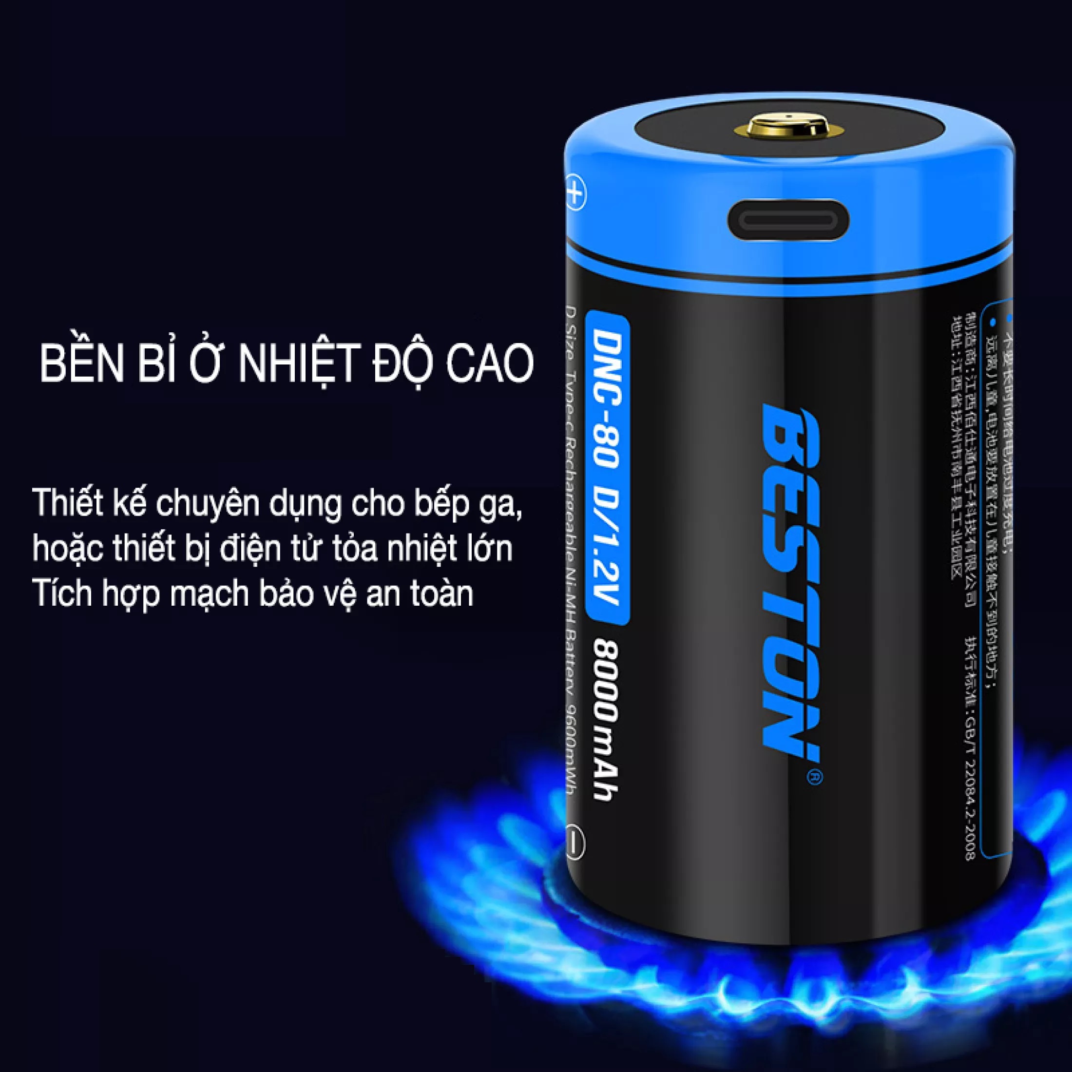 Combo 2 Pin D sạc cỡ đại Beston DNC-80 1.2v 8000mAh cổng sạc USB Type-C Pin Sạc Cho Bếp Ga, Đèn Pin, Thiết Bị Công Nghiệp