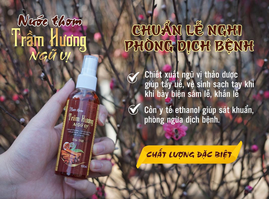 Nước lau ban thờ, lau đồ thờ cúng sáng bóng, khử mùi, mang ý nghĩa phong thủy tốt - Nước thơm trầm hương ngũ vị 100ml