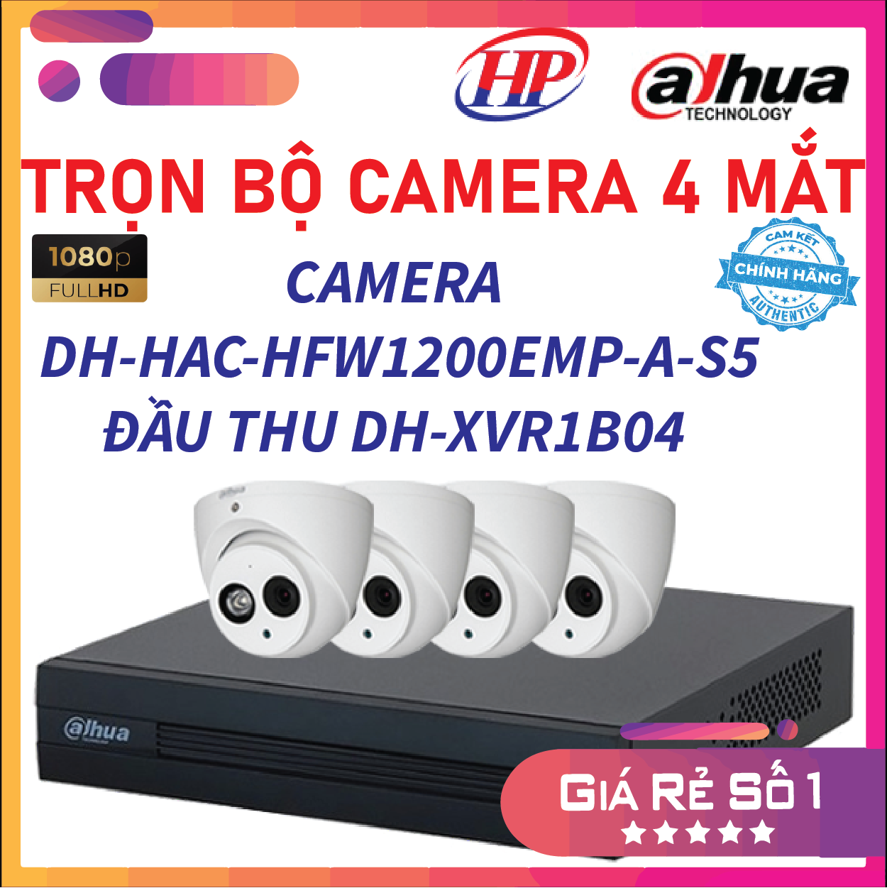 Trọn bộ 04 Camera HDCVI 2MP DAHUA DH-HAC-HDW1200EMP-A-S5 - Đầu thu 4 cổng DH-XVR1B04 đầy đủ phụ kiện, Hàng chính hãng