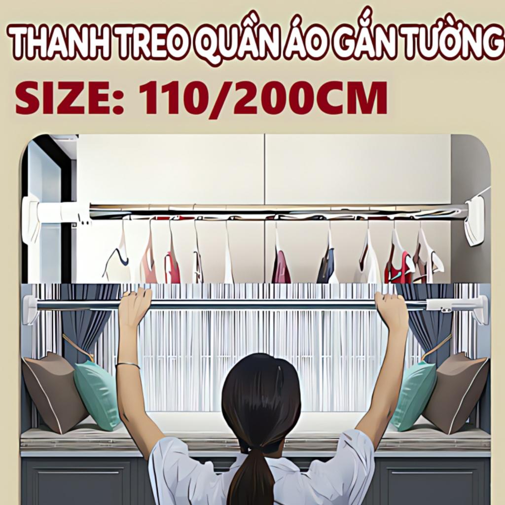 Thanh Treo Quần Áo Treo Rèm Nhà Tắm 2 Mét Rút Gọn Đa Năng Không Cần Khoan Vít, Chất Liệu Inox Chắc Chắn