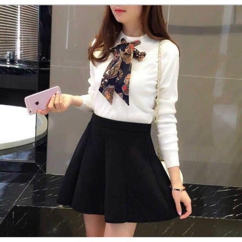 Áo cổ lọ thun gân kèm dây buộc nơ thu đông