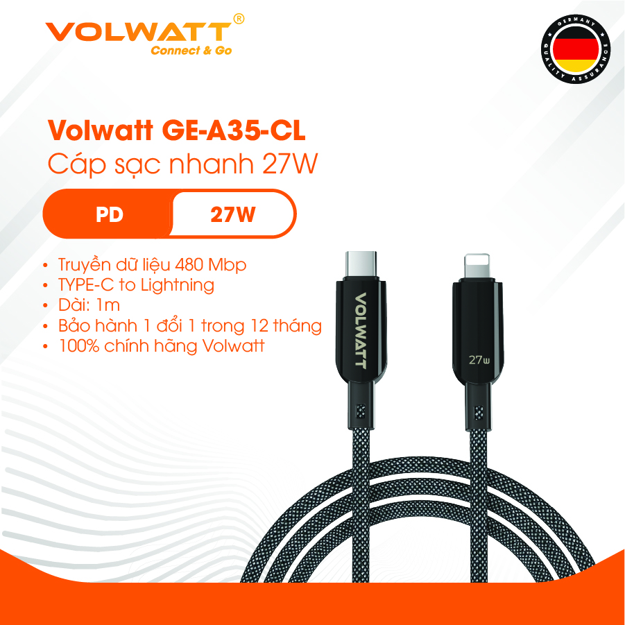 Cáp sạc nhanh 27W Volwatt GE-A35-CL hàng chính hãng| Cáp Type-C to L, có LED hiển thị công suất, dài 1.2m – BH 1 đổi 1