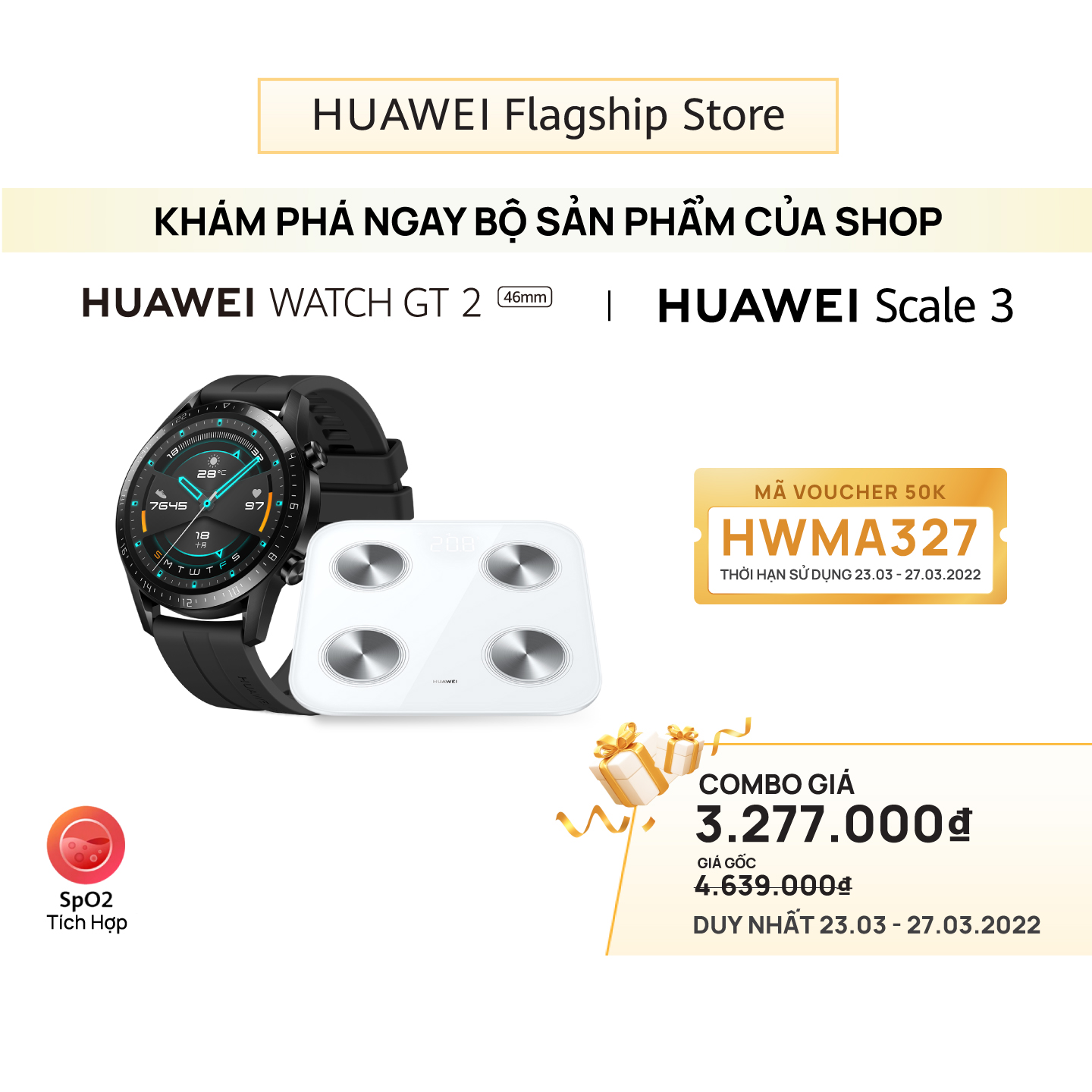 Bộ Sản Phẩm Huawei (Đồng Hồ Thông Minh HUAWEI Watch GT2 + Cân Điện Tử HUAWEI Scale 3) | Hàng Chính Hãng