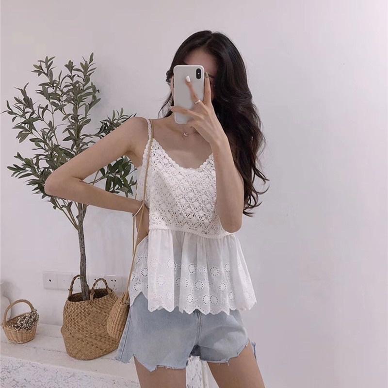 Áo 2s 2 dây len móc phối vải boy dập hoa dáng babydoll thời trang mùa hè