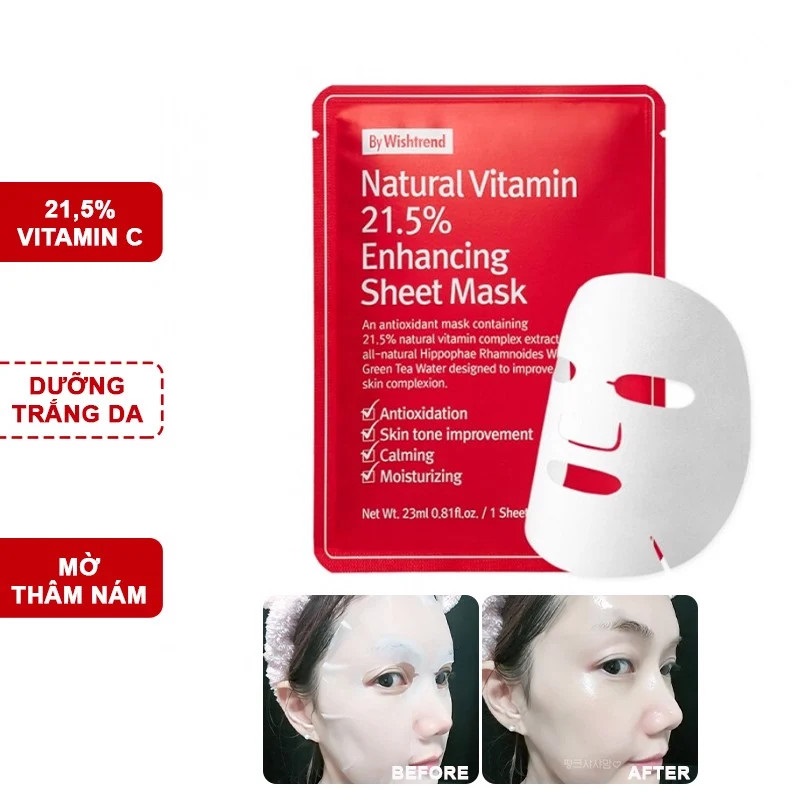 Combo 5 Mặt nạ giấy trắng da mờ thâm By Wishtrend Natural Vitamin C 21.5 Enhancing Sheet Mask 23ml