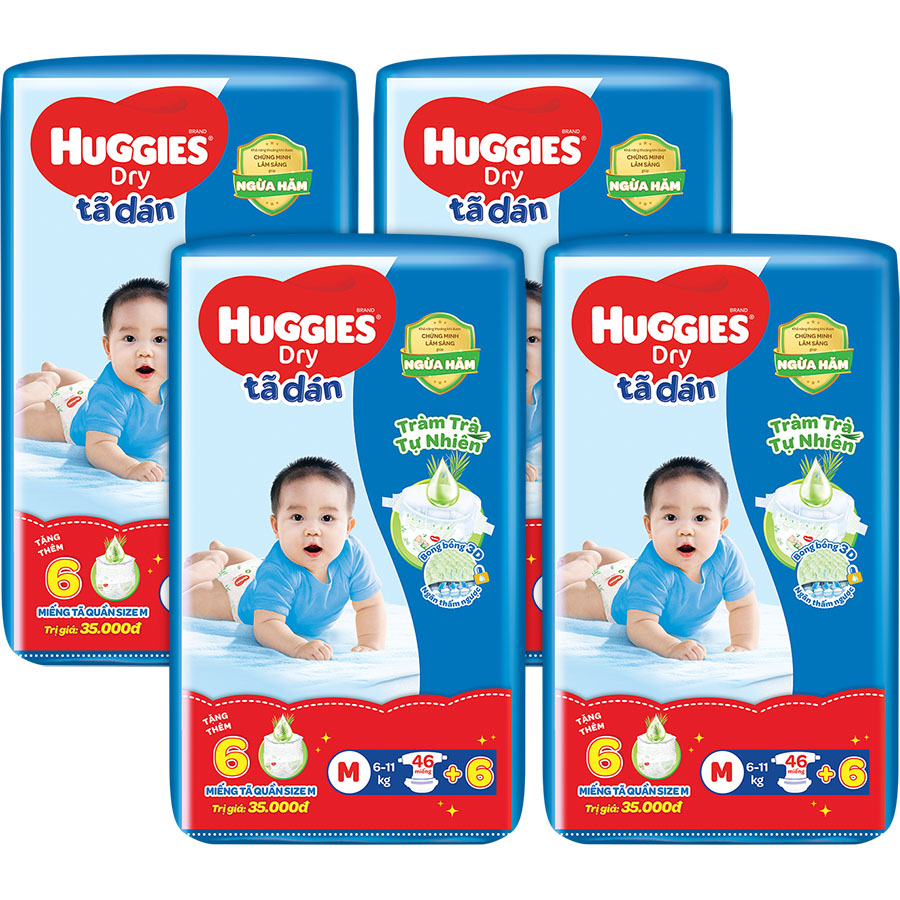 Combo 4 Tã dán HUGGIES DRY JUMBO M46 (6-11kg) - Gói 46 miếng Tràm Trà + Tặng 6 miếng