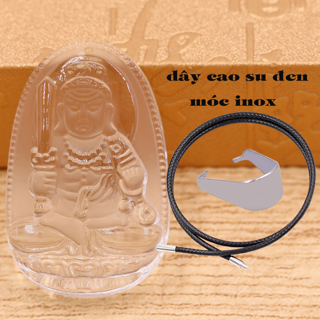 Mặt Phật Bất động minh vương pha lê trắng 3.6 cm kèm móc và vòng cổ dây cao su đen, Mặt Phật bản mệnh