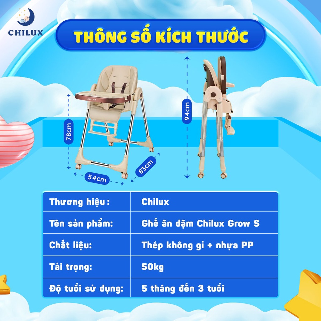 Ghế ăn dặm cho bé Chilux - Có thể gấp gọn - Bàn ăn rộng, Nhiều nấc điều chỉnh độ cao ghế