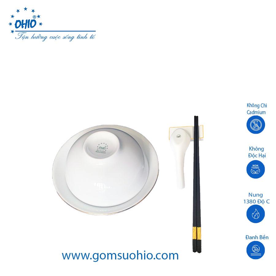 Combo Bộ Đồ Ăn Chén Cơm, Muỗng, Đĩa kê, Gác Muỗng Đũa Sứ Trắng Viền Kim OHIO