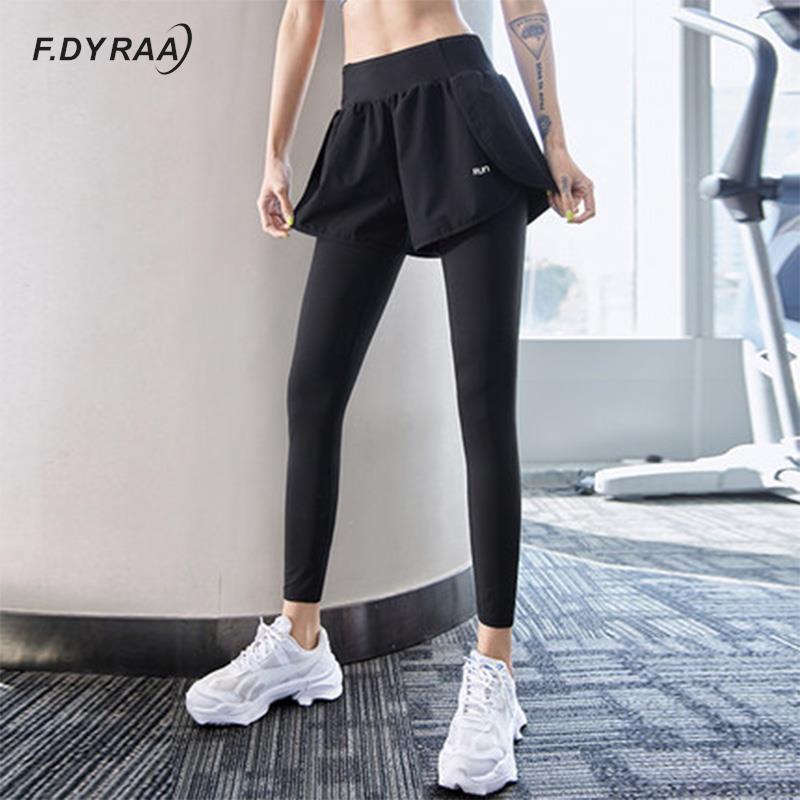 F.Dyraa Leggings quần legging Yoga Quần áo thể thao Phụ nữ giả hai mảnh với túi chạy túi cao kéo dài vòng eo Color: Black Size: M